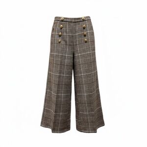 Plaid Wide-Leg Ankle Pants – High Waisted, Gold Button Detail